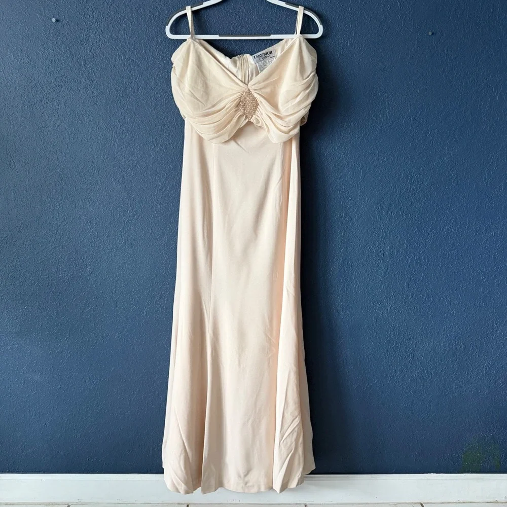 Daymor Couture Champagne Beaded Draped Evening Gown Dress Womens Size 8 Formal